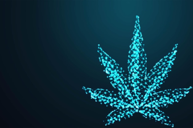 Marijuana cannabis leaf Abstract 3d polygonal wireframe airplane on blue night sky with dots and stars illustration or background