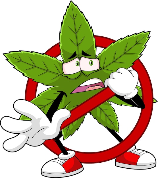 Vector marijuana leaf cartoon character in a prohibited restricted sign