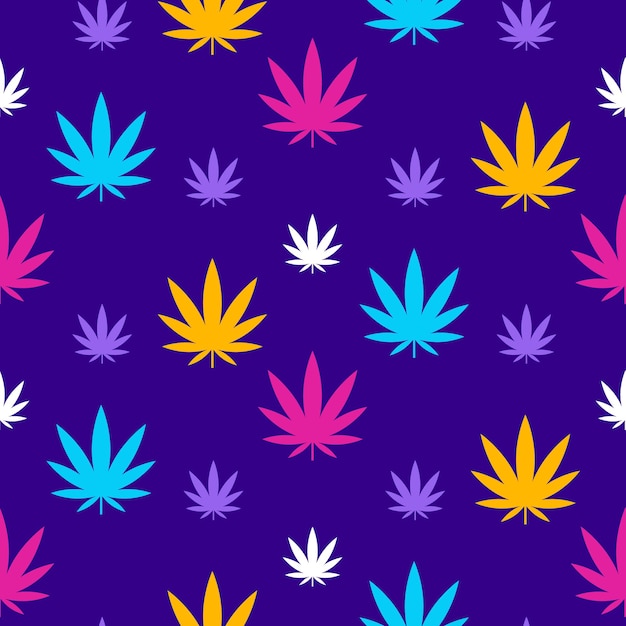 Marijuana seamless pattern in trendy colors. Colorful cannabis leaves on blue background