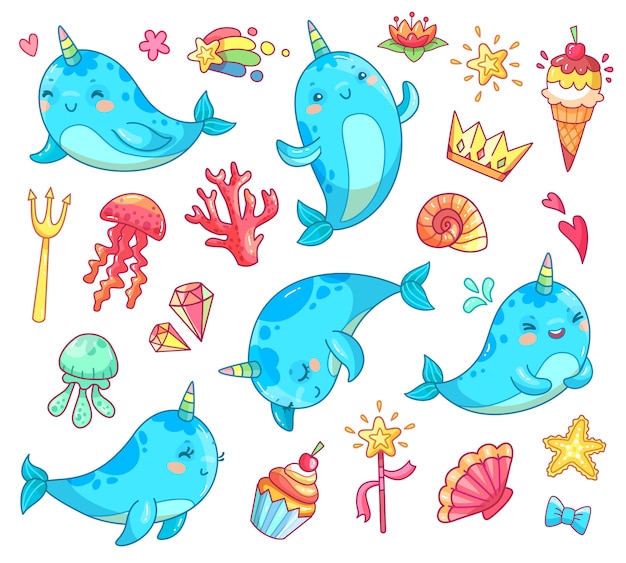 Marine animal kawaii character baby fairytale unicorn narwhal. 