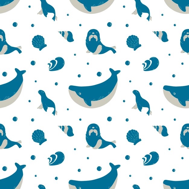 Marine animals shells waves bubbles Inhabitants of the sea world on the seamless pattern