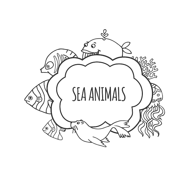 Marine animals sketch bubbles vector illustration