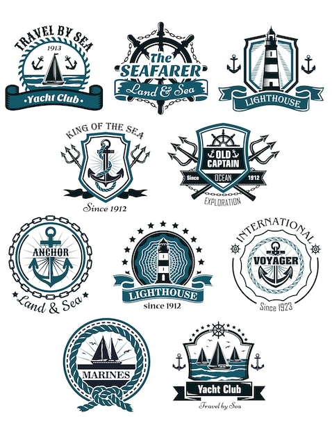 Marine emblems and banners with helm, rope, yacht, lighthouse