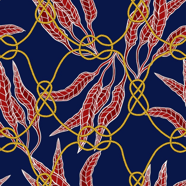 Marine knots ropes and seaweed Seamless vector pattern Handdrawn illustration on a blue background