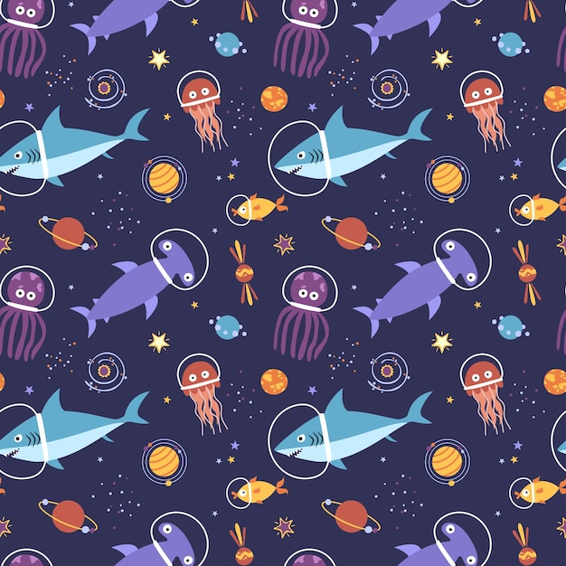 Marine life in space shark crab jellyfish Seamless pattern vector illustration