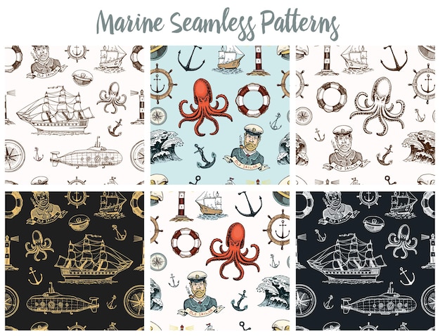 Marine and nautical or sea ocean emblems seamless pattern set of engraved vintage hand drawn old labels or badges for a life ring a cannon ball a captain with a pipe