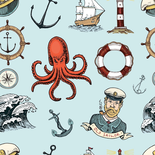 Marine and nautical or sea ocean emblems seamless pattern set of engraved vintage hand drawn old labels or badges for a life ring a cannon ball a captain with a pipe