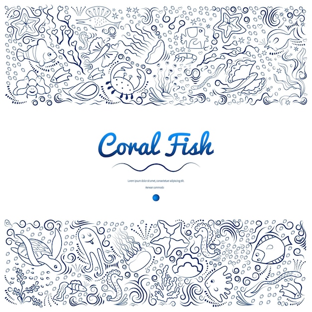 Marine pattern of deepsea fish algae Monochrome frame for banners advertising of marine