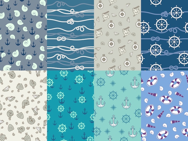 Marine patterns. Navy anchor, blue sea texture and ocean nautical compass seamless pattern  set