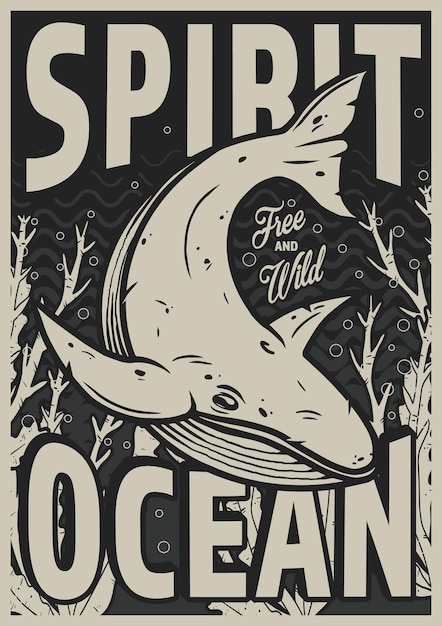 Marine poster with whale and seaweed in the depths of the ocean Monochrome illustration vintage