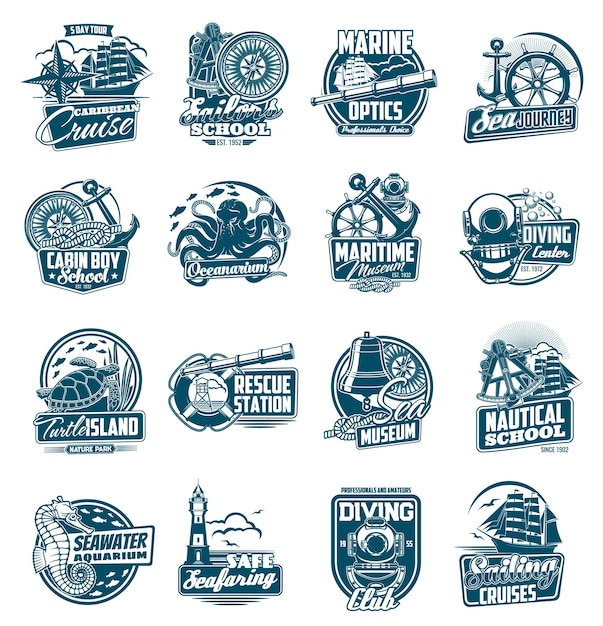 Marine sailing and nautical journey icons set.