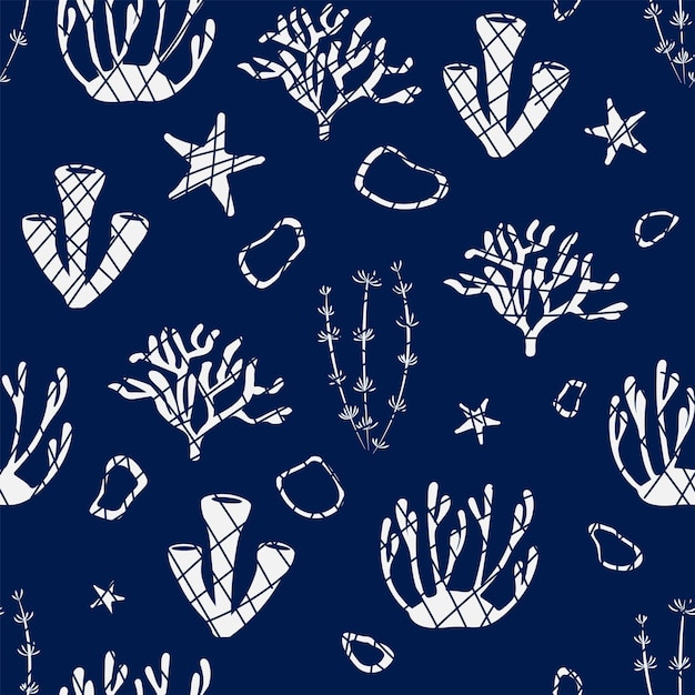 Marine seamless pattern with corals algae and starfish