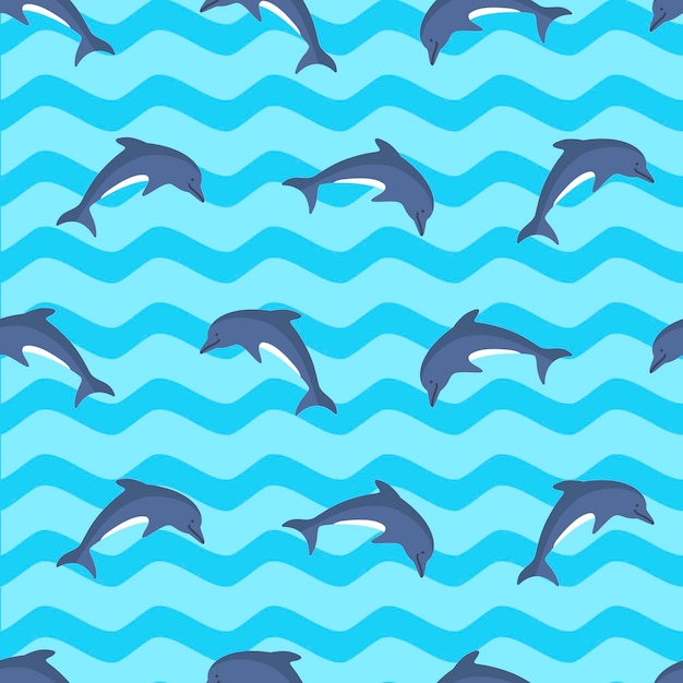 Marine seamless pattern with dolphins Cute dolphins swimming in blue wavy sea background in flat style Tropical relaxation at cruise vector illustration Kids design for wrapping paper and textile