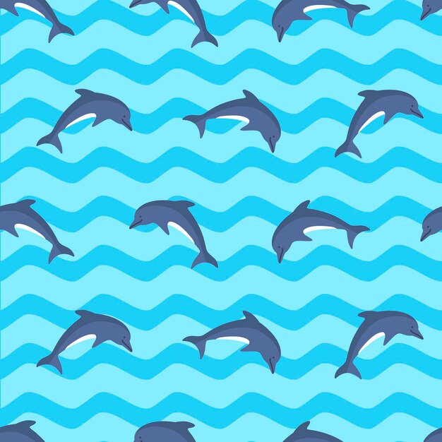 Vector marine seamless pattern with dolphins cute dolphins swimming in blue wavy sea background in flat style tropical relaxation at cruise vector illustration kids design for wrapping paper and textile