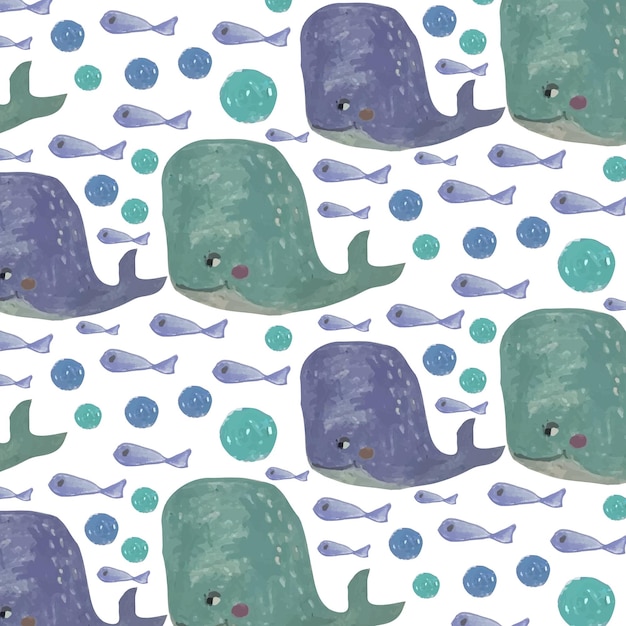 Marine seamless pattern with watercolor cute whale, fish