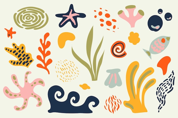 Marine set with sea shells Collection of seabed flora and fauna design elements Modern doodle elements hand drawn scribble set contemporary vector illustration Abstract organic shapes