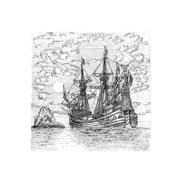 Marine view with sailing ship Dutch fluyt sketch