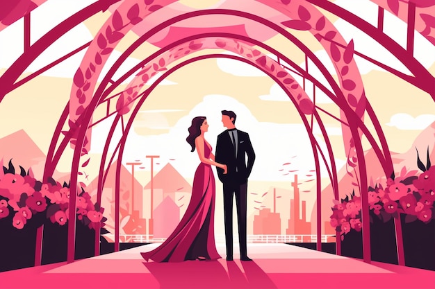 Vector marital couple standing under wedding arch