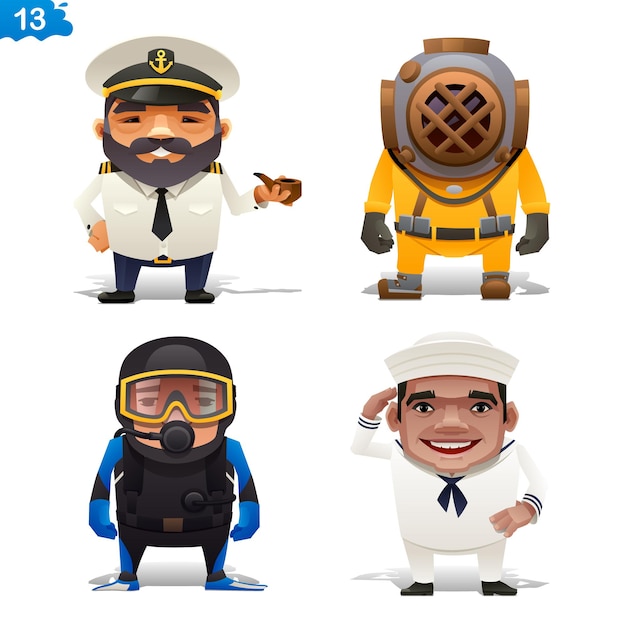 Maritime professions vector icon set