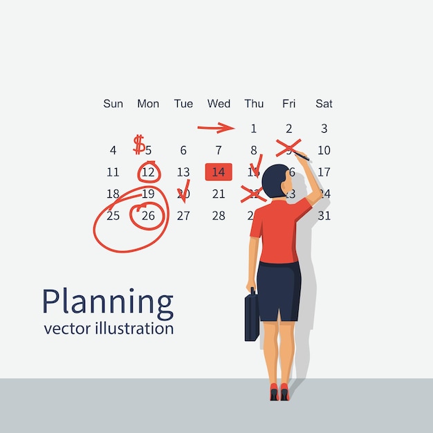 Mark calendar. Businesswoman makes notes on calendar. Planning working month. Schedule record reminders. Organizer. Vector illustration flat design style. Isolated on white background.