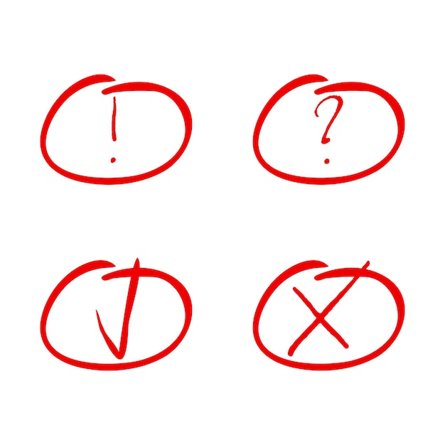 Mark red marker Tick and cross exclamation and question symbol