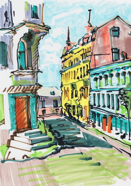 Marker painting of cityscape