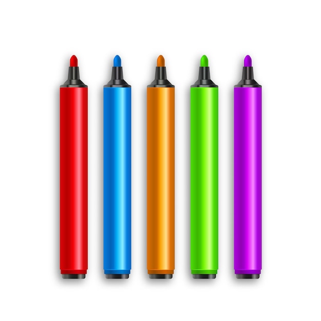 Marker pens, red, green, yellow, purple, blue.  set colourful highlighters. Drawing pencil tool. Marker art highlighter