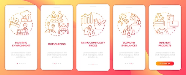 Market economy disadvantages red gradient onboarding mobile app screen Walkthrough 5 steps graphic instructions pages with linear concepts UI UX GUI template Myriad ProBold Regular fonts used