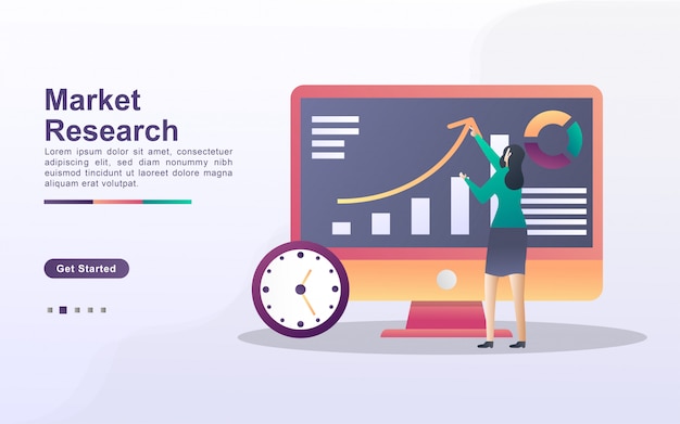 Market Research illustration concept with tiny people. Business people are doing market research, looking at sales chart movements.