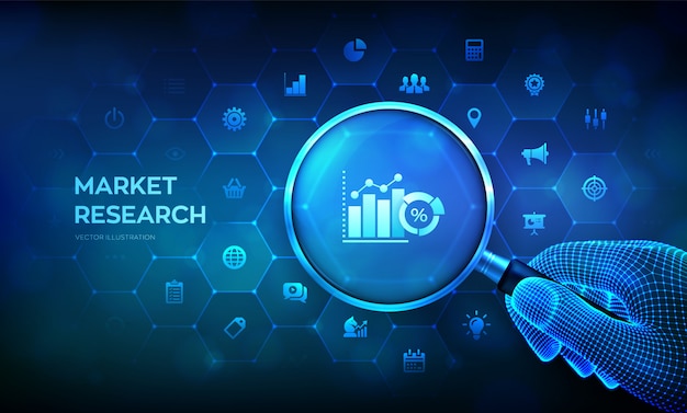 Market research. Marketing strategy concept with magnifier in wireframe hand and icons.