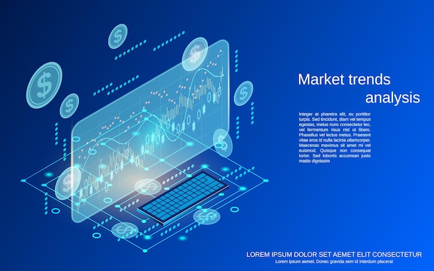 Market trends analysis flat 3d isometric vector concept illustration