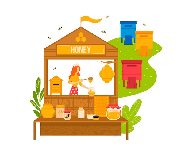 Market with honey product vector illustration Flat store for sell organic farm food woman character at street business counter