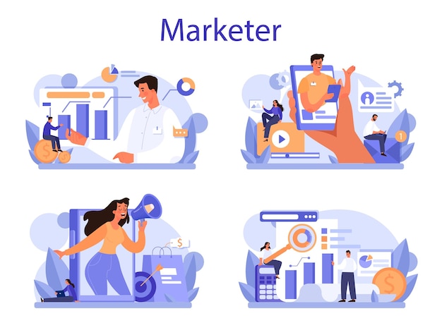 Marketer concept set Advertising and marketing concept Business strategy and communucation with a customer Isolated flat vector illustration