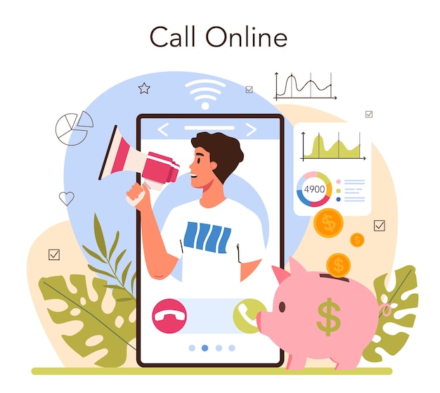 Marketer online service or platform. Marketing strategy and communucation with a customer by social media. Online call. Flat vector illustration