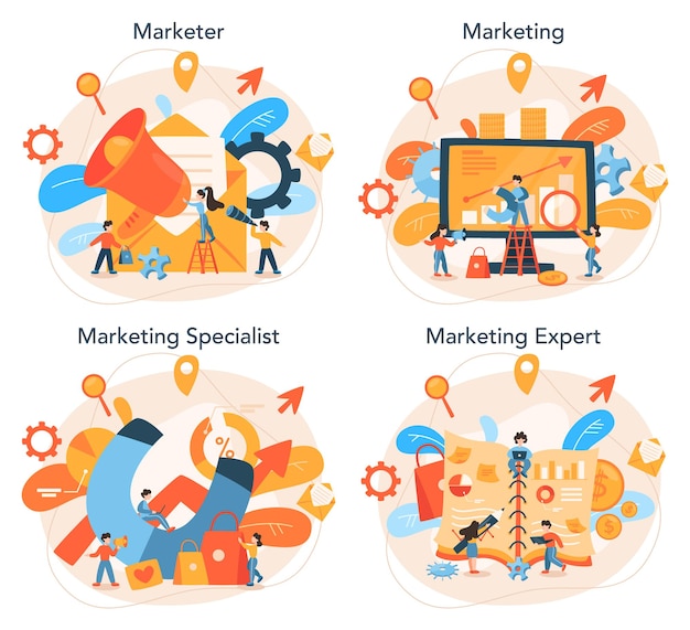 Marketer set Advertising and marketing concept