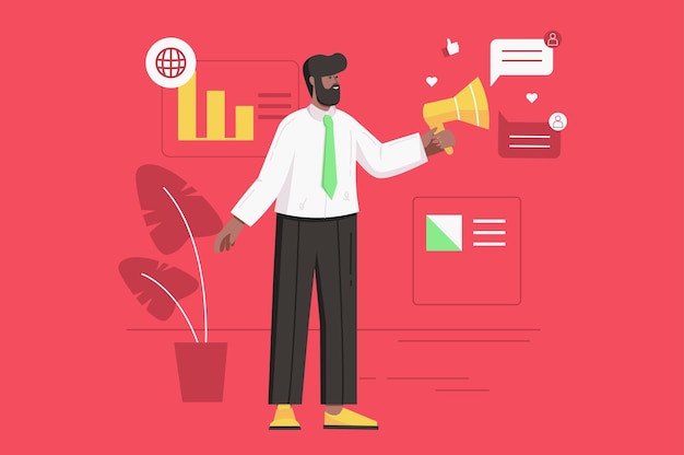 Marketing and advertisement modern flat concept. Male marketer with megaphone promotes business in social media and increases sales . Vector illustration with people scene for web banner design