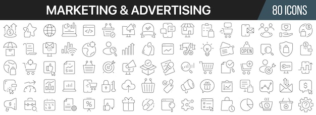 Marketing and advertising line icons collection Big UI icon set in a flat design Thin outline icons pack Vector illustration EPS10