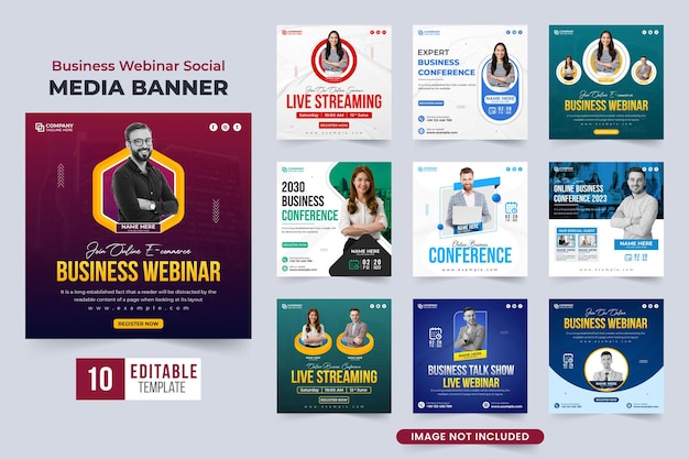 Marketing agency webinar template bundle with photo placeholders Business promotion and conference announcement poster set design Office seminar and webinar social media post collection