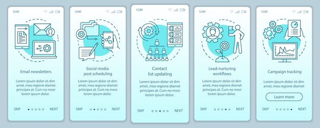 Marketing automation turquoise onboarding mobile app page screen vector template. Social media, emails walkthrough website steps with linear illustrations. UX, UI, GUI smartphone interface concept