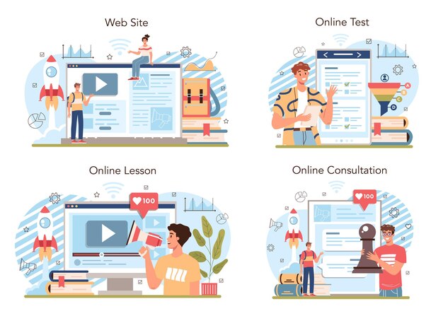 Vector marketing education school course online service or platform set. business promotion, customer communication and product advertising. online lesson, test, consultation, website. vector illustration