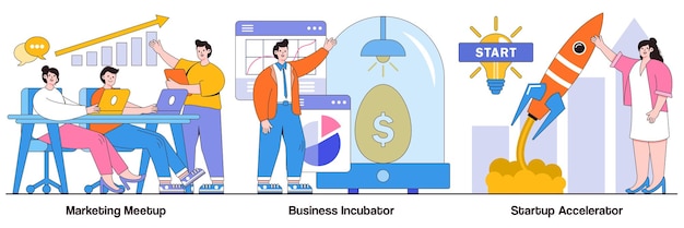 Marketing meetup business incubator startup accelerator concept with people characters Startup supporting vector illustration pack Development of companies mentoring and training metaphor