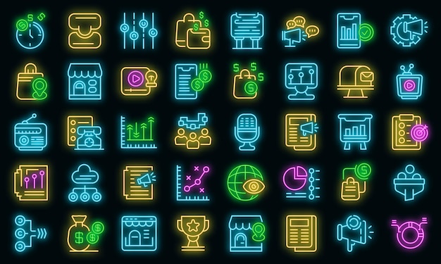 Marketing mix icons set. Outline set of marketing mix vector icons neon color on black