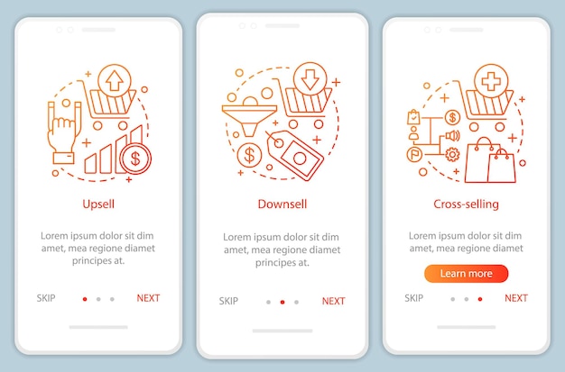 Marketing onboarding mobile app page screen vector template. Products and goods selling. Upsell, downsell, cross-selling. Sales techniques walkthrough website steps. UX, UI, GUI smartphone interface