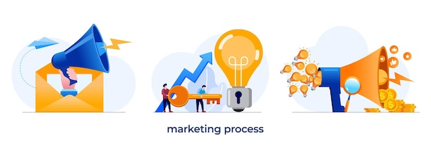 Marketing process entrepreneur marketing strategy idea analyst business plan banner flat vector illustration banner