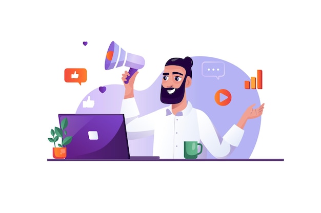 Marketing purple concept with people scene in the flat cartoon style Marketer promotes