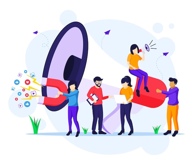 Marketing strategy campaign concept, people holding and shout on giant megaphone for promotion flat vector illustration