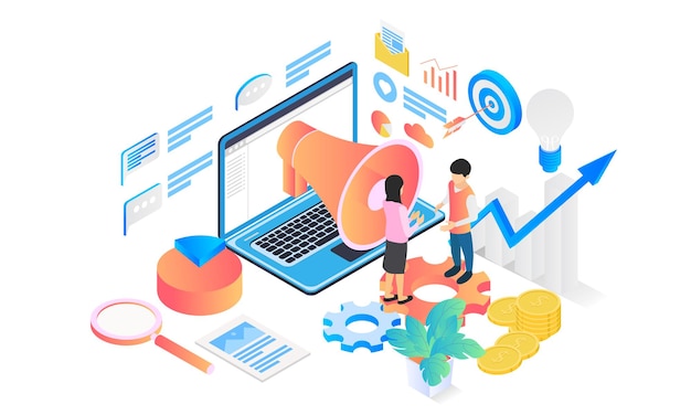 Marketing strategy isometric style illustration with character and funnel