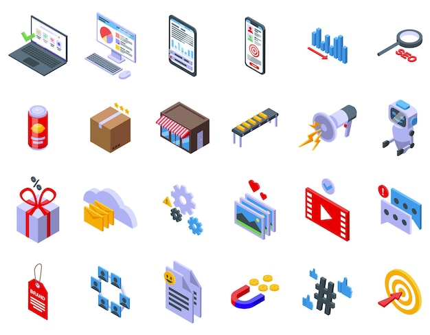 Marketing tools icons set isometric vector Digital game