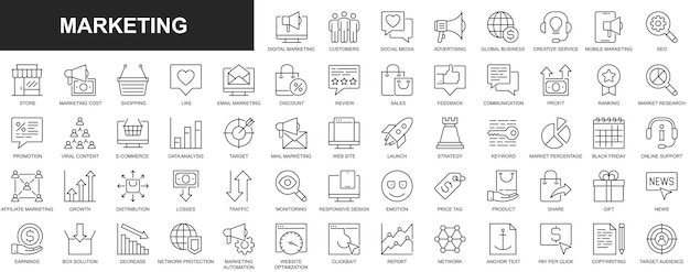 Marketing web icons set in thin line design Pack of social media advertising global business seo viral content online shopping review sale feedback and other Vector outline stroke pictograms