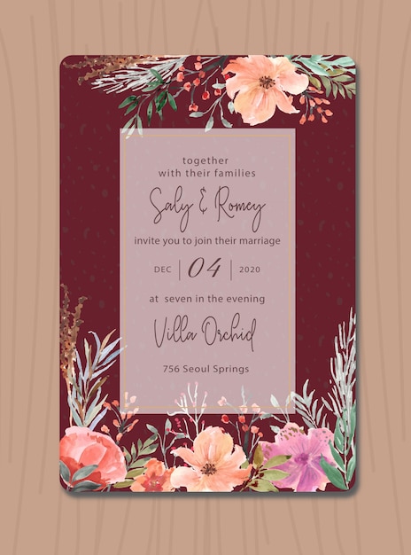 Maroon Invitation With Flower Watercolor